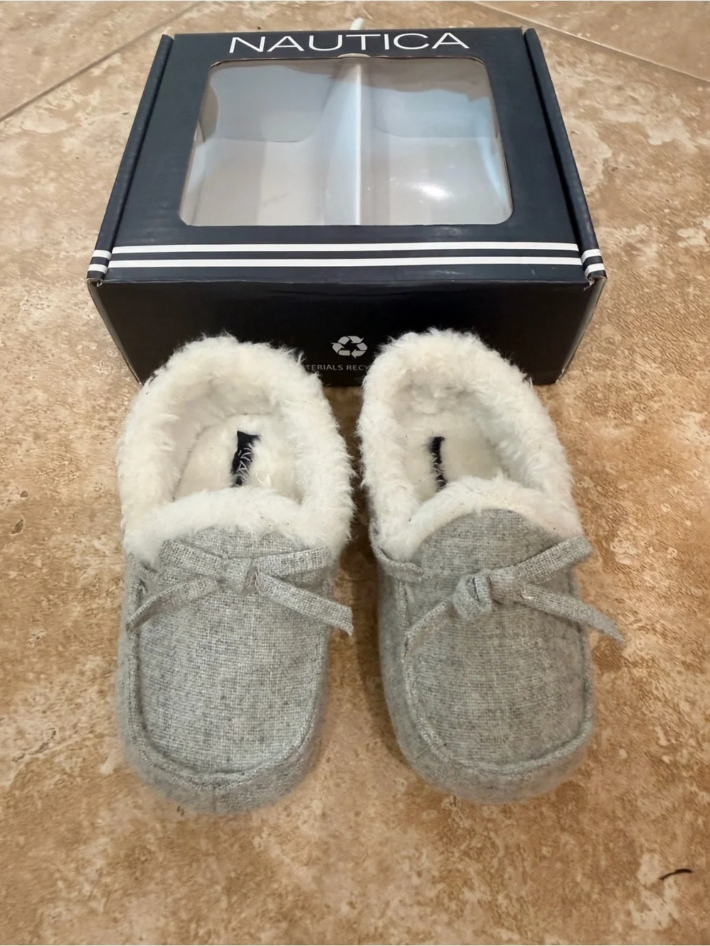 Nautica Light Gray Plush Lined Moccasin Slippers